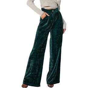 Velvet Pants for Women High Waisted Wide Leg Palazzo Pants Causal Outfits Long Flowy Trousers with Pockets
