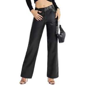 Women's Faux Leather Pants Straight Wide Leg Pants Baggy Trousers with Pockets