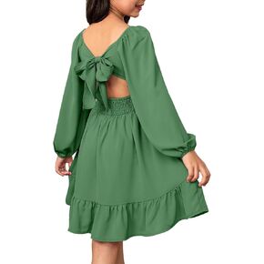 blibean Girls Long Sleeve Tie Back Dress Tween Fall Off Shoulder Dress Size 6-15 Years