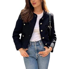 hathne Womens Tweed Blazers Jackets Casual Long Sleeve Button Down Cropped Jacket Coat Tops with Pocket