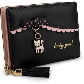 Uromee Girls Wallet Cute Cat Pendant Small Women Purse Bifold Vegan Leather Zipper Coin Pocket