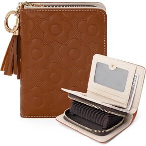 RFID Blocking Wallet Women Cute Embossed Floral Leather Credit Card Holder Wallet for Women with Tassel Bifold Ladies Small Womens Wallets with Zipper Coin Pocket Pink