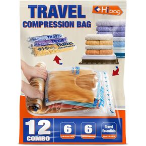 HIBAG 12 Compression Bags for Travel, Travel Essentials Compression Bags, Vacuum Packing Space Saver Zipper Bags for Cruise Travel Accessories (12-Travel)
