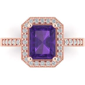 2.9 ct Emerald Cut Natural Amethyst 18K Yellow Gold Halo Solitaire with Accents Wedding Engagement Bridal Promise Ring