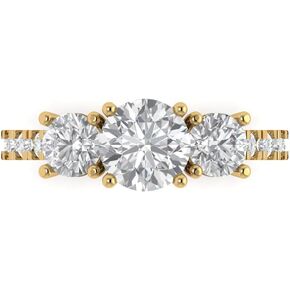2.02 Ct Round Cut Clear Simulated Diamond 14K Yellow Gold Solitaire with Accents Three Stone Engagement Promise Bridal Ring