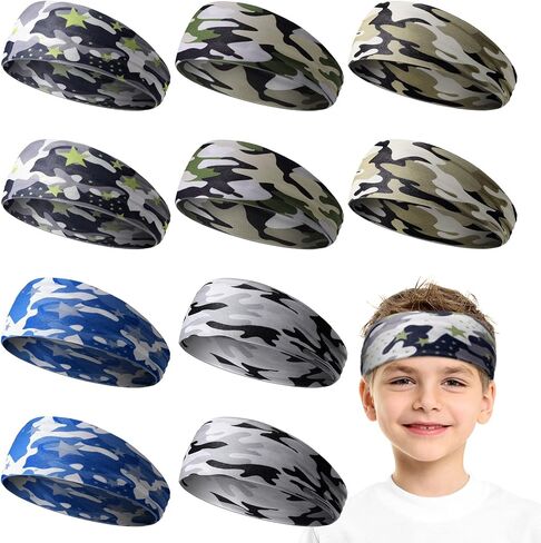 10 Pieces Boys Athletic Sweatbands - 16 inch Elastic Wicking Headbands, Hair Bands & Soft Head Wraps for Sports and Activities (Camouflage Style) in Saudi Arabia