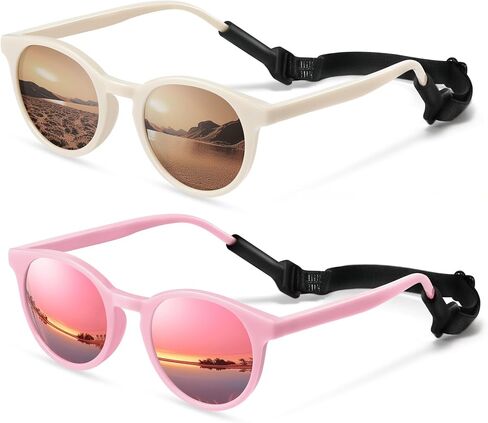 Cute Kids Polarized Sunglasses,Baby Sun Glasses with Strap for Toddler Girls Boys Flexible Round UV400 Protection in Kuwait