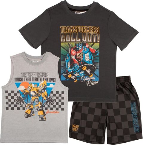 Transformers Boys 3 Piece Short Set Short Sleeve Shirt Tank Top Shirt and Shorts 3 Pack Bundle Set for Kids in Kuwait
