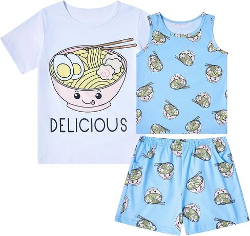 uideazone Girls Pajamas 3 Pieces Set Shirts&Tank Shorts Pjs Sets Cute Sleepwear Size 5-14 in Saudi Arabia