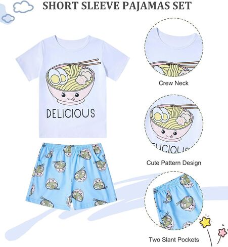 uideazone Girls Pajamas 3 Pieces Set Shirts&Tank Shorts Pjs Sets Cute Sleepwear Size 5-14 in Saudi Arabia