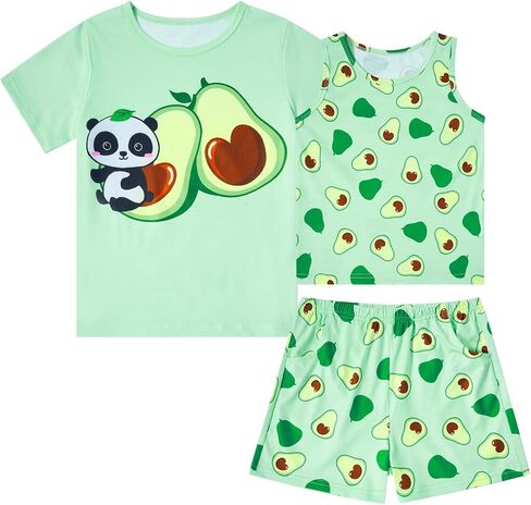 uideazone Girls Pajamas 3 Pieces Set Shirts&Tank Shorts Pjs Sets Cute Sleepwear Size 5-14 in Saudi Arabia