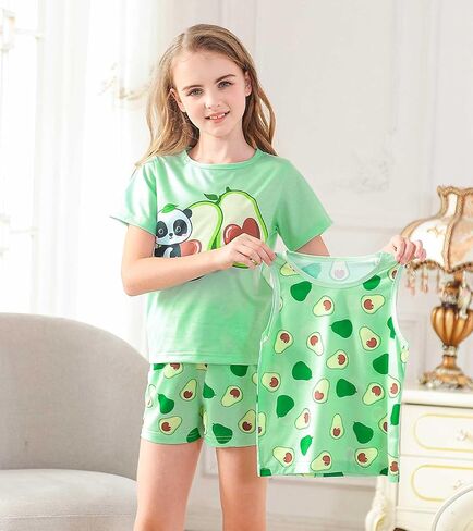 uideazone Girls Pajamas 3 Pieces Set Shirts&Tank Shorts Pjs Sets Cute Sleepwear Size 5-14 in Saudi Arabia