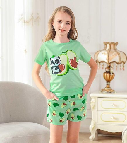 uideazone Girls Pajamas 3 Pieces Set Shirts&Tank Shorts Pjs Sets Cute Sleepwear Size 5-14 in Saudi Arabia