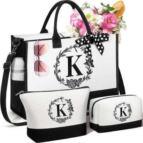 Personalized Valentines Day Gifts for Women, Initial Canvas Tote Bag & Makeup Bag Monogrammed Beach Tote Bag for Women w/Zipper, Birthday Gifts for Women Her Girlfriend Wife Mom Sister Friend Daughter in Saudi Arabia