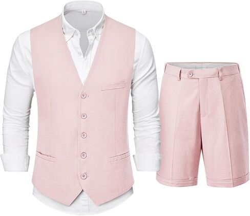 Hihawk Men’s 2-Piece Linen Vest Pants, Lightweight Waistcoat Shorts, Casual Wedding Beach Summer Prom Homecoming Outfit in Saudi Arabia