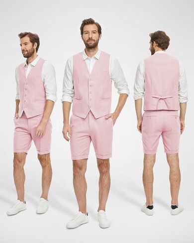 Hihawk Men’s 2-Piece Linen Vest Pants, Lightweight Waistcoat Shorts, Casual Wedding Beach Summer Prom Homecoming Outfit in Saudi Arabia