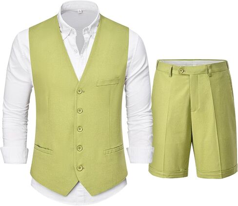 Hihawk Men’s 2-Piece Linen Vest Pants, Lightweight Waistcoat Shorts, Casual Wedding Beach Summer Prom Homecoming Outfit in Saudi Arabia