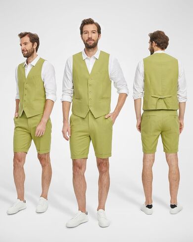 Hihawk Men’s 2-Piece Linen Vest Pants, Lightweight Waistcoat Shorts, Casual Wedding Beach Summer Prom Homecoming Outfit in Saudi Arabia