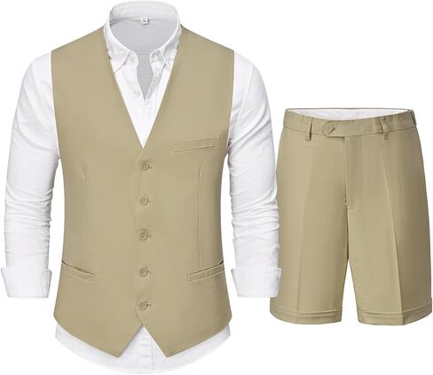 Hihawk Men’s 2-Piece Linen Vest Pants, Lightweight Waistcoat Shorts, Casual Wedding Beach Summer Prom Homecoming Outfit in Saudi Arabia