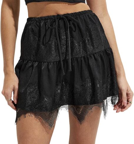 Women Y2k Lace Mini Skirts Summer Lace Slip Skirt Pleated Ruffle Floral Lace Tiered Short Skirts Underskirt in Kuwait