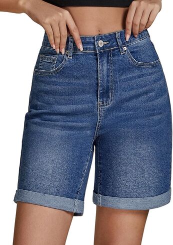 Luvamia شورت جينز للنساء عالي الخصر عصري كاجوال صيفي قابل للطي بحاشية طويلة قابلة للتمدد من قماش الدنيم 7 بوصة درزة داخلية in Kuwait