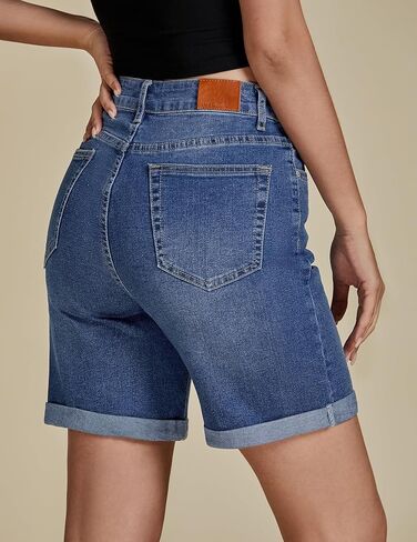 Luvamia شورت جينز للنساء عالي الخصر عصري كاجوال صيفي قابل للطي بحاشية طويلة قابلة للتمدد من قماش الدنيم 7 بوصة درزة داخلية in Kuwait