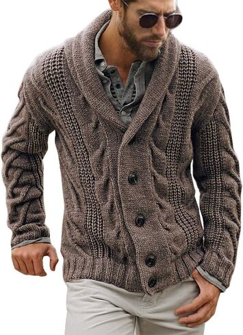 Mens Cable Knit Cardigan Sweater Shawl Collar Loose Fit Long Sleeve Casual Cardigans in Kuwait