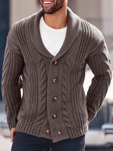 Mens Cable Knit Cardigan Sweater Shawl Collar Loose Fit Long Sleeve Casual Cardigans in Kuwait