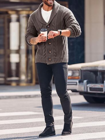 Mens Cable Knit Cardigan Sweater Shawl Collar Loose Fit Long Sleeve Casual Cardigans in Kuwait