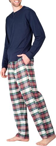 Men’s Pajama Set Pajamas For Men 2 Piece PJ Set with Cotton Flannel Men Pajama Pants and Long Sleeve Henley T-Shirt in Kuwait