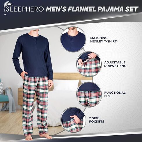 Men’s Pajama Set Pajamas For Men 2 Piece PJ Set with Cotton Flannel Men Pajama Pants and Long Sleeve Henley T-Shirt in Kuwait