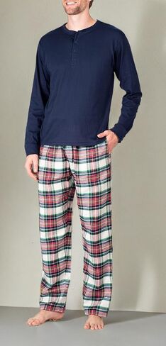 Men’s Pajama Set Pajamas For Men 2 Piece PJ Set with Cotton Flannel Men Pajama Pants and Long Sleeve Henley T-Shirt in Kuwait