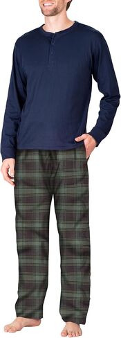 Men’s Pajama Set Pajamas For Men 2 Piece PJ Set with Cotton Flannel Men Pajama Pants and Long Sleeve Henley T-Shirt in Kuwait