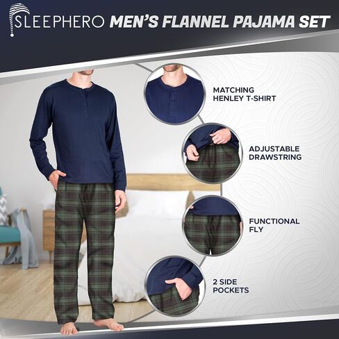 Men’s Pajama Set Pajamas For Men 2 Piece PJ Set with Cotton Flannel Men Pajama Pants and Long Sleeve Henley T-Shirt in Kuwait