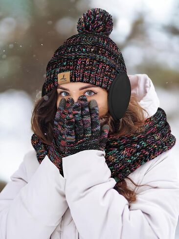 Winter Hat Scarf Gloves and Ear Warmer, Warm Knit Beanie Hat Touch Screen Gloves Set Winter Gifts Neck Scarves for Women in Saudi Arabia