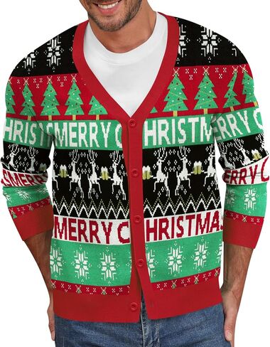 NITAGUT Mens Christmas Ugly Cardigan Sweater Reindeer Snowflake Xmas Sweater Casual Long Sleeve Knitwear in Kuwait
