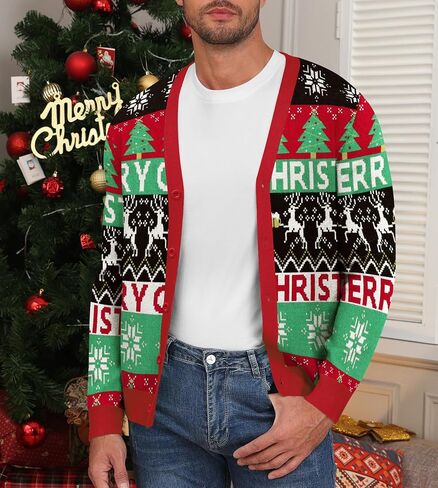 NITAGUT Mens Christmas Ugly Cardigan Sweater Reindeer Snowflake Xmas Sweater Casual Long Sleeve Knitwear in Kuwait