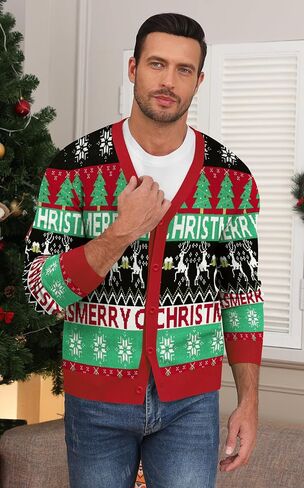 NITAGUT Mens Christmas Ugly Cardigan Sweater Reindeer Snowflake Xmas Sweater Casual Long Sleeve Knitwear in Kuwait