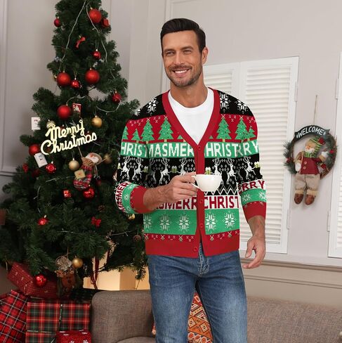 NITAGUT Mens Christmas Ugly Cardigan Sweater Reindeer Snowflake Xmas Sweater Casual Long Sleeve Knitwear in Kuwait