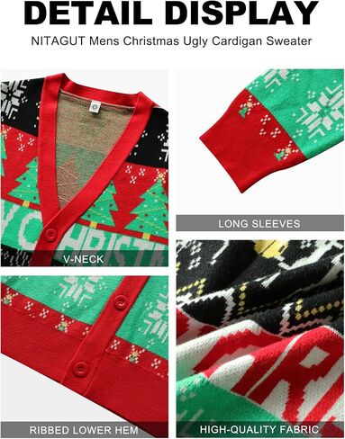 NITAGUT Mens Christmas Ugly Cardigan Sweater Reindeer Snowflake Xmas Sweater Casual Long Sleeve Knitwear in Kuwait