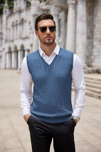 COOFANDY Men's Sweater Vest V Neck Slim Fit Cable Knitted Sleeveless Pullover Sweater in Saudi Arabia