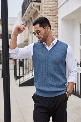 COOFANDY Men's Sweater Vest V Neck Slim Fit Cable Knitted Sleeveless Pullover Sweater in Saudi Arabia