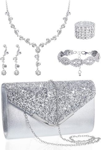 Henoyso 5 Pcs Purse Rhinestone Jewelry Set Rhinestone Clutch Purse Bride Prom Jewelry Necklace Earrings Bracelets for Women in Saudi Arabia