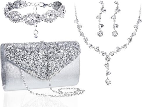 Henoyso 5 Pcs Purse Rhinestone Jewelry Set Rhinestone Clutch Purse Bride Prom Jewelry Necklace Earrings Bracelets for Women in Saudi Arabia