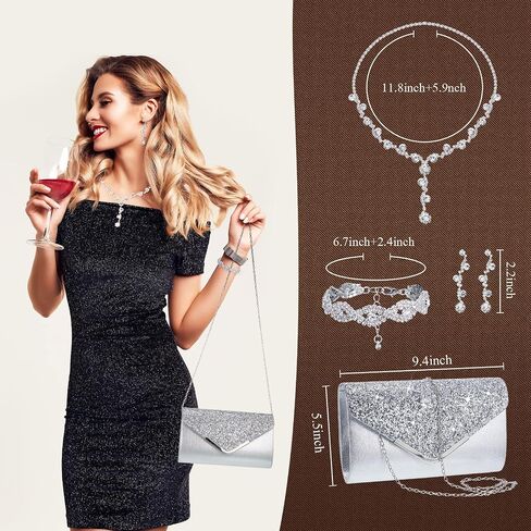 Henoyso 5 Pcs Purse Rhinestone Jewelry Set Rhinestone Clutch Purse Bride Prom Jewelry Necklace Earrings Bracelets for Women in Saudi Arabia
