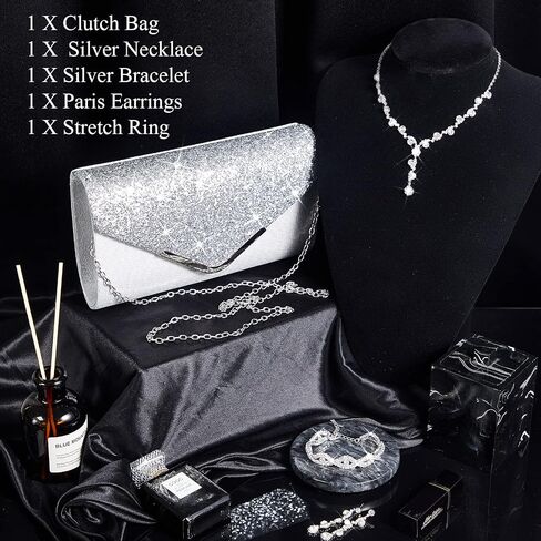 Henoyso 5 Pcs Purse Rhinestone Jewelry Set Rhinestone Clutch Purse Bride Prom Jewelry Necklace Earrings Bracelets for Women in Saudi Arabia