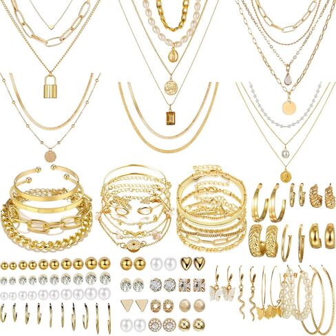 NEWITIN 69 Pieces Gold Jewelry Set for Women Fashion Costume Jewelry Gold Plated Necklace Bracelet Gold Earrings Set for Women in Saudi Arabia