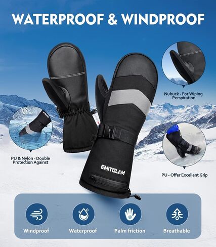 2 in 1 Winter Ski Mittens for Men & Women with Fleece Glove Liners, Waterproof Winter Ski Gloves Made with 3M C100 Insulation, 5-Layer Fabric Snowboard Mittens with Touchscreen Inner Gloves in Saudi Arabia