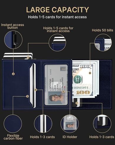 حامل بطاقات محفظة رجالي من typecase: حافظة ألومنيوم منبثقة، جلد طبيعي، ذكي، حجب RFID، نحيف، بسيط، جيب أمامي - سعة البطاقة 9-14 | نافذة الهوية | فتحة النقدية (ألياف الكربون) in Kuwait