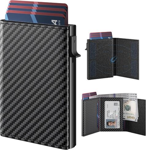 حامل بطاقات محفظة رجالي من typecase: حافظة ألومنيوم منبثقة، جلد طبيعي، ذكي، حجب RFID، نحيف، بسيط، جيب أمامي - سعة البطاقة 9-14 | نافذة الهوية | فتحة النقدية (ألياف الكربون) in Saudi Arabia
